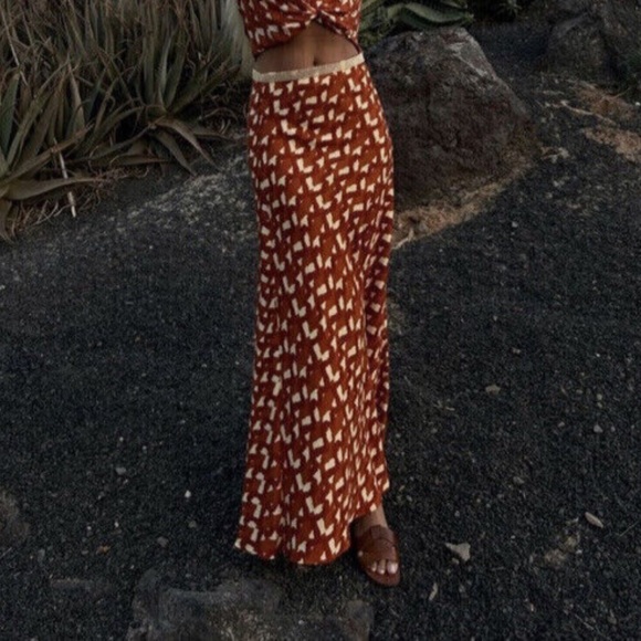 Zara Orange Terracotta Beaded Print Maxi Skirt Linen Blend Size Small - Picture 2 of 11